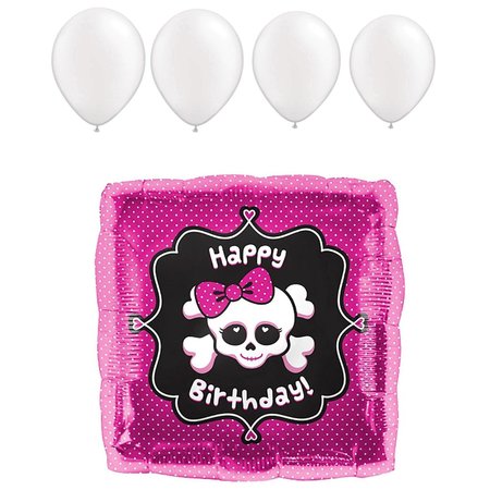 Pirates Balloons, 18 inch HAPPY BIRTHDAY GIRLY SKULL, 4 Pearl White Latex Set -  LOONBALLOON, LOON-LAB-00930-01-N-P